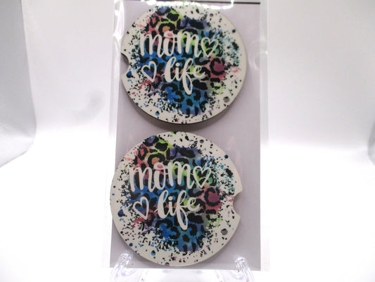 2 MDF Car Coasters - Colorful Leopard Splash "Mom Life"