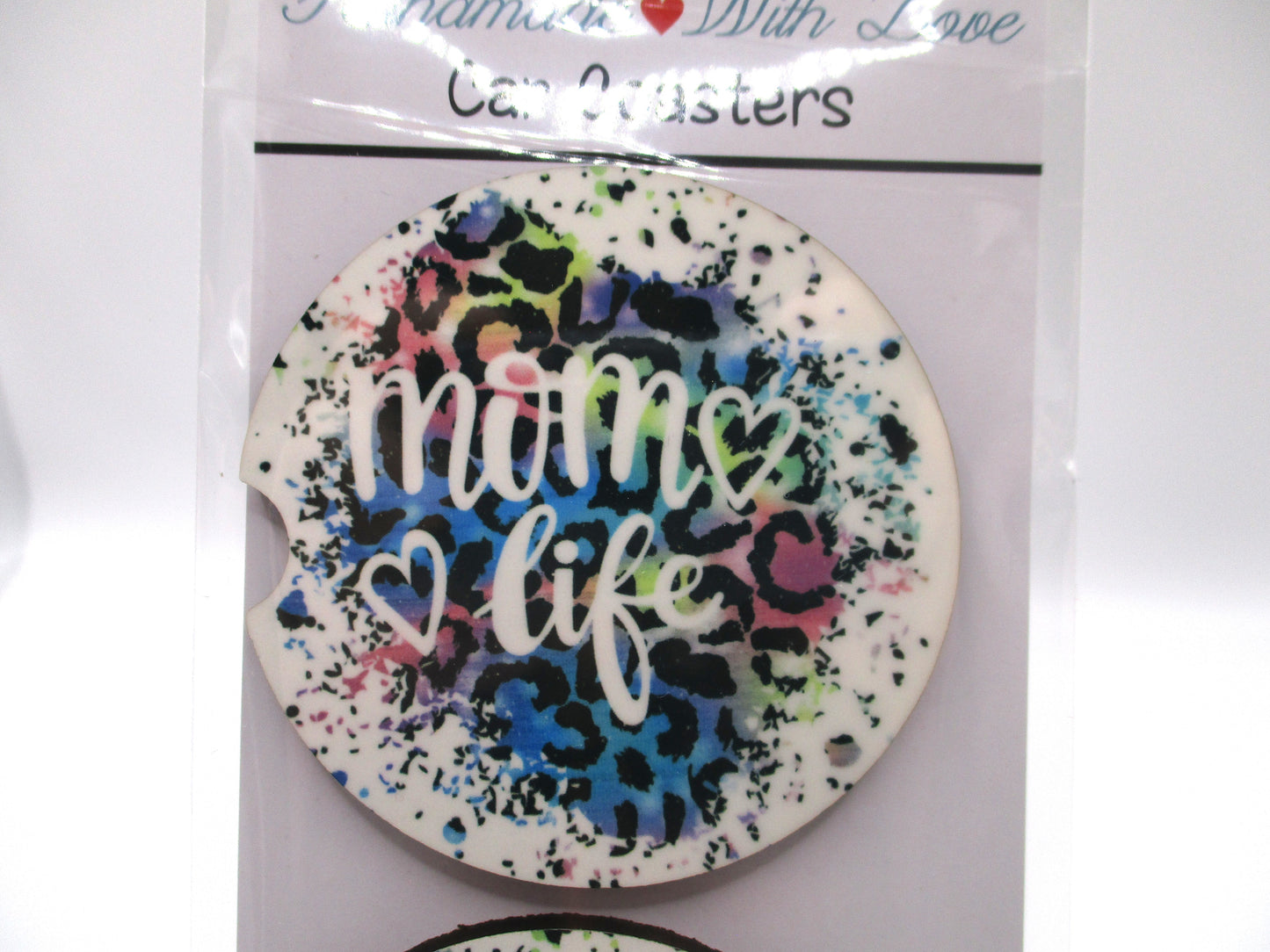 2 MDF Car Coasters - Colorful Leopard Splash "Mom Life"