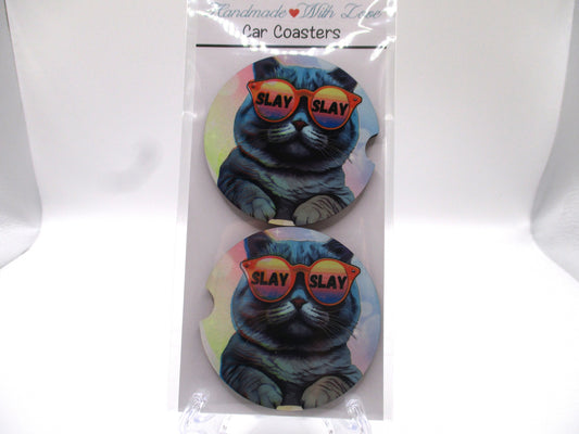 2 MDF Car Coasters - Slay Cat
