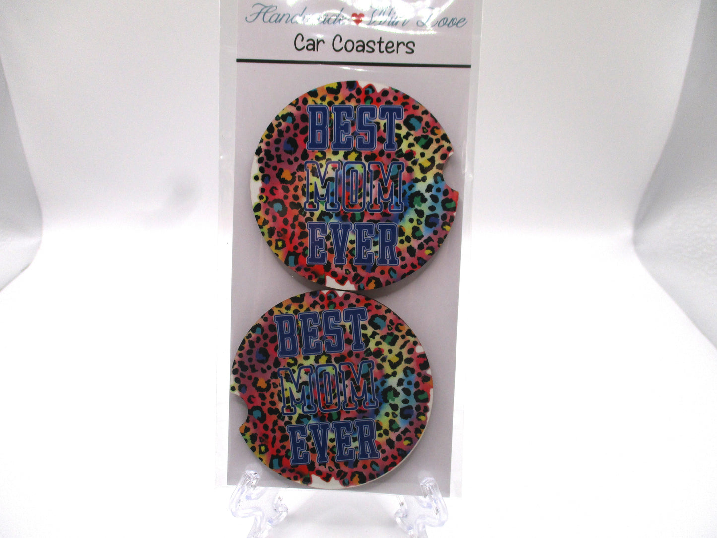 2 MDF Car Coasters - Colorful Leopard Print "Best Mom Ever"