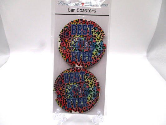 2 MDF Car Coasters - Colorful Leopard Print "Best Mom Ever"