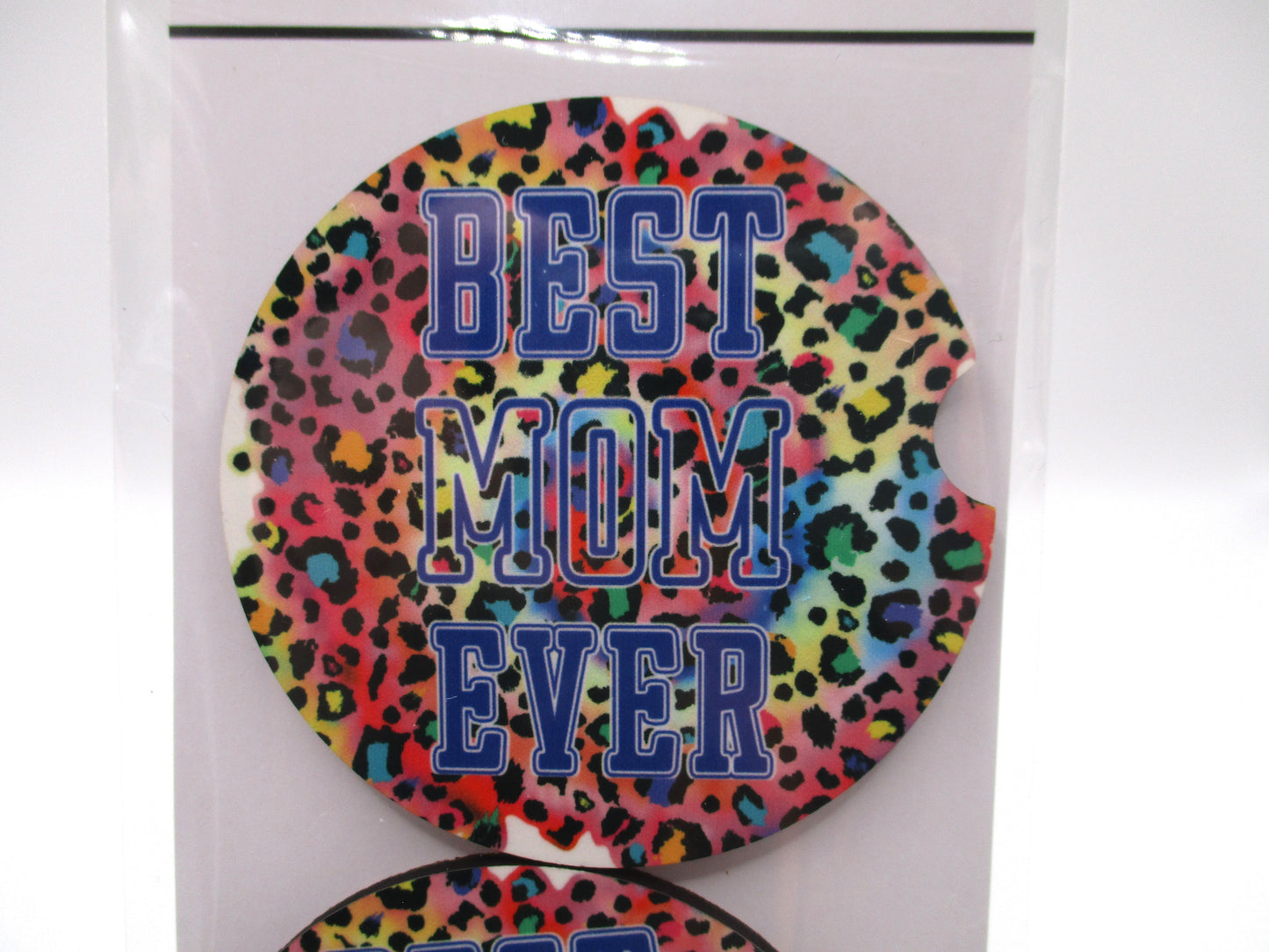 2 MDF Car Coasters - Colorful Leopard Print "Best Mom Ever"