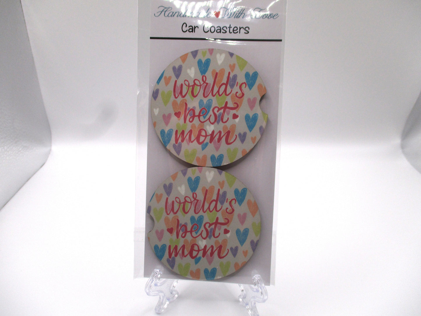 2 MDF Car Coasters - Heart Print "World's Best Mom"