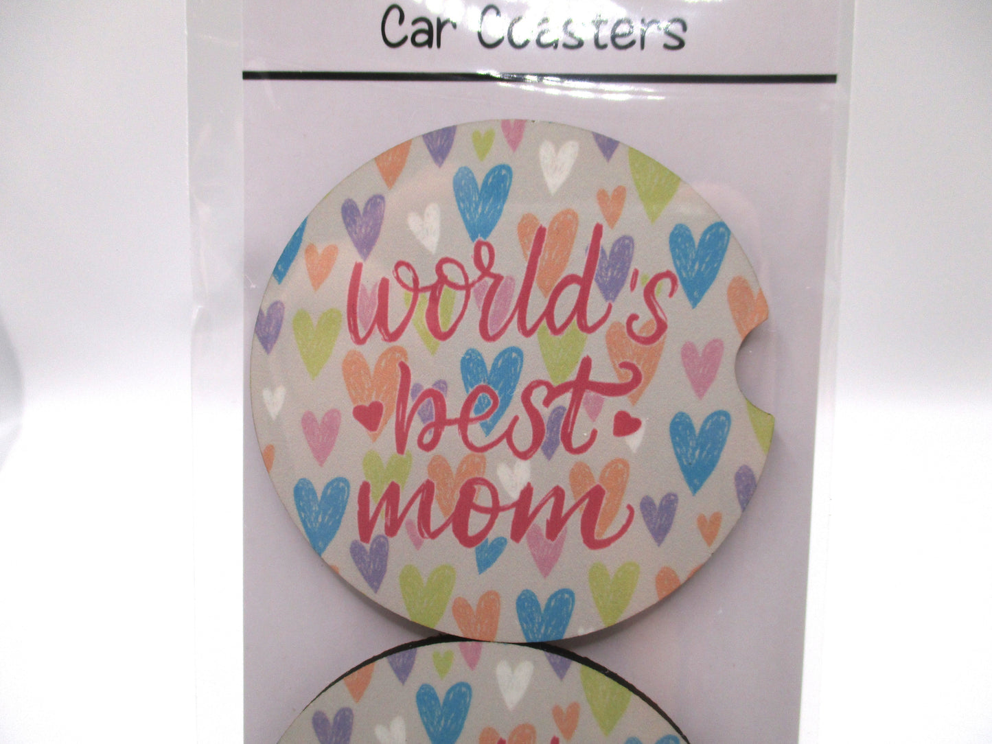 2 MDF Car Coasters - Heart Print "World's Best Mom"