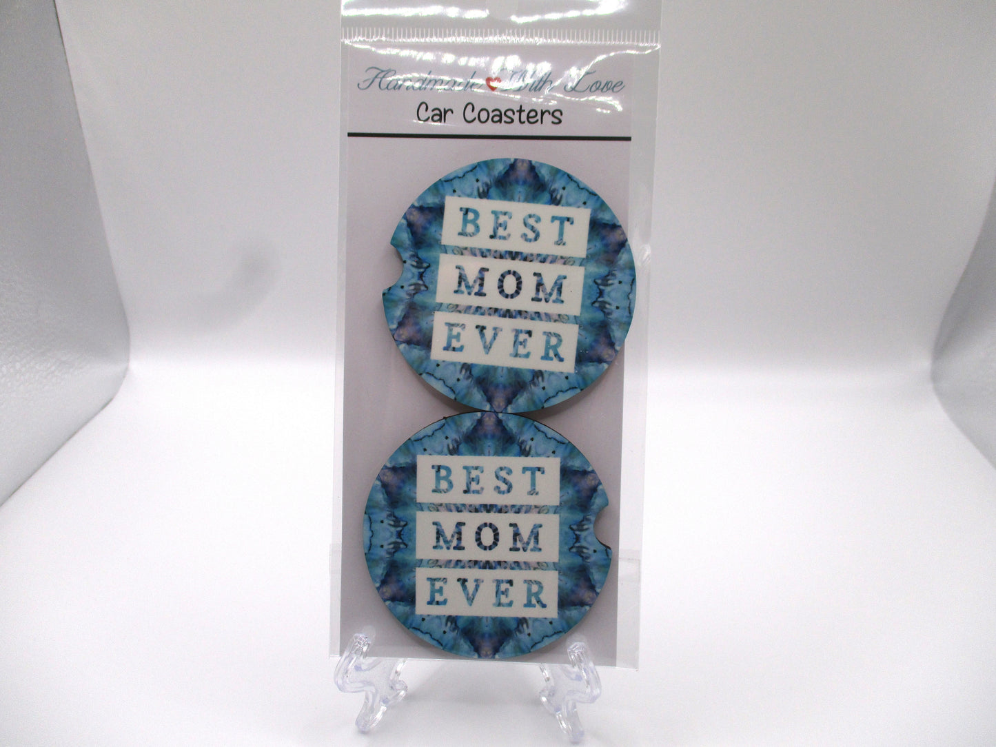2 MDF Car Coasters - Blue Abstract "Best Mom Ever"