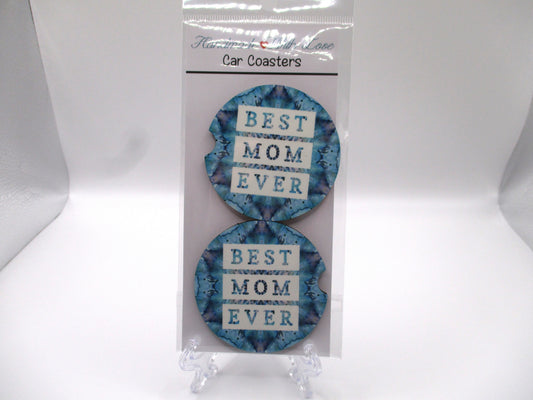 2 MDF Car Coasters - Blue Abstract "Best Mom Ever"