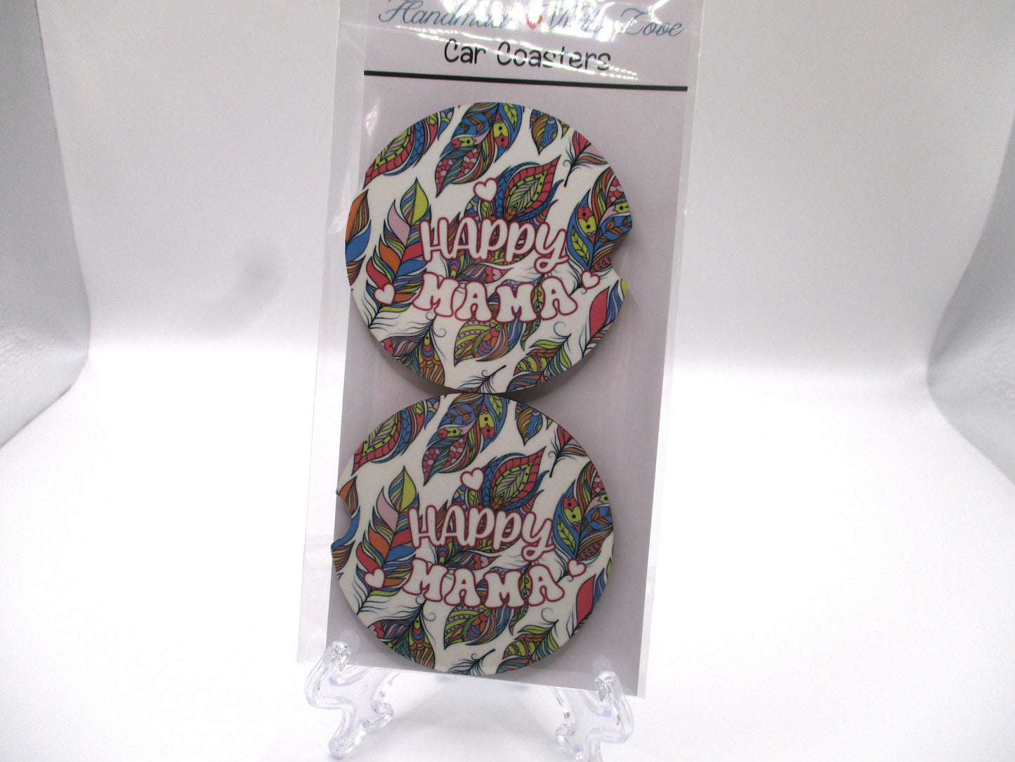 2 MDF Car Coasters - Colorful Feather "Happy Mama"