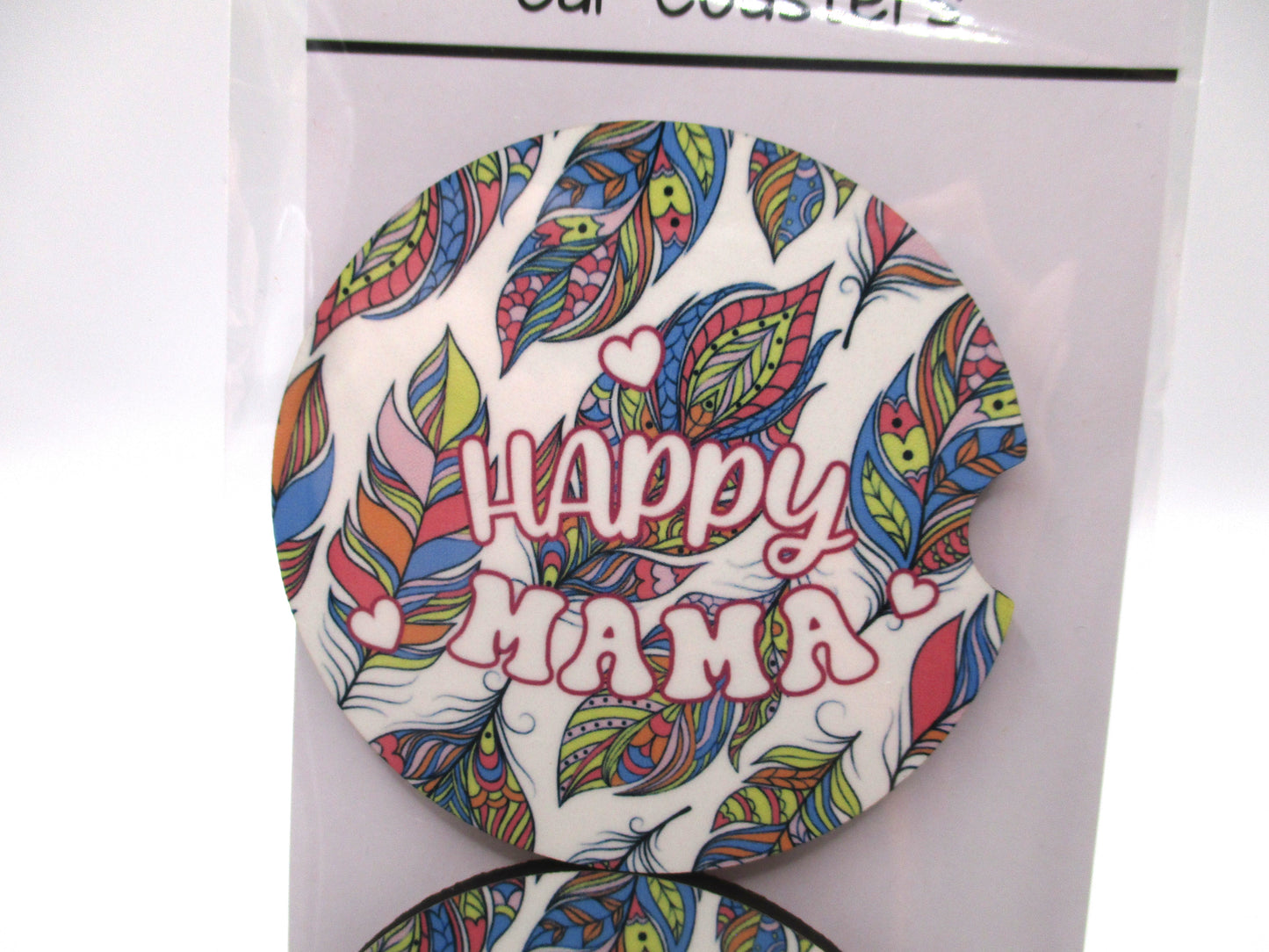 2 MDF Car Coasters - Colorful Feather "Happy Mama"