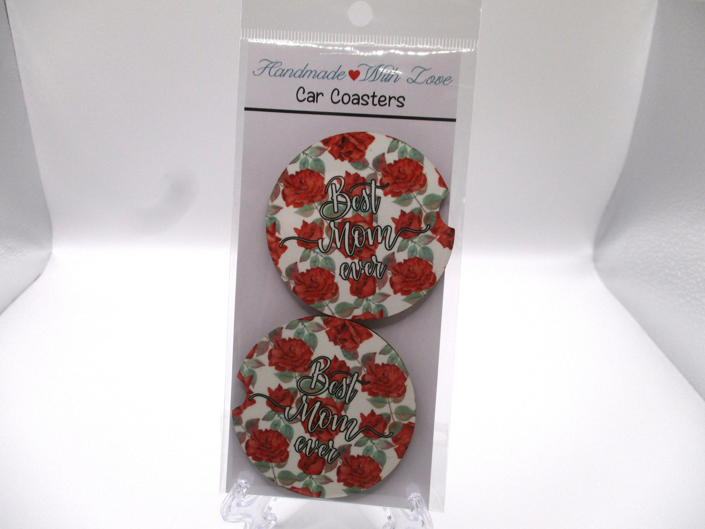 2 MDF Car Coasters - "Best Mom Ever" With Roses