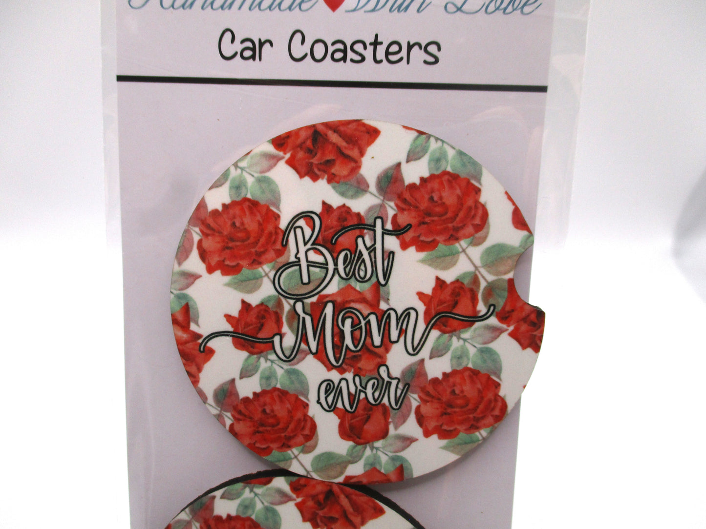 2 MDF Car Coasters - "Best Mom Ever" With Roses