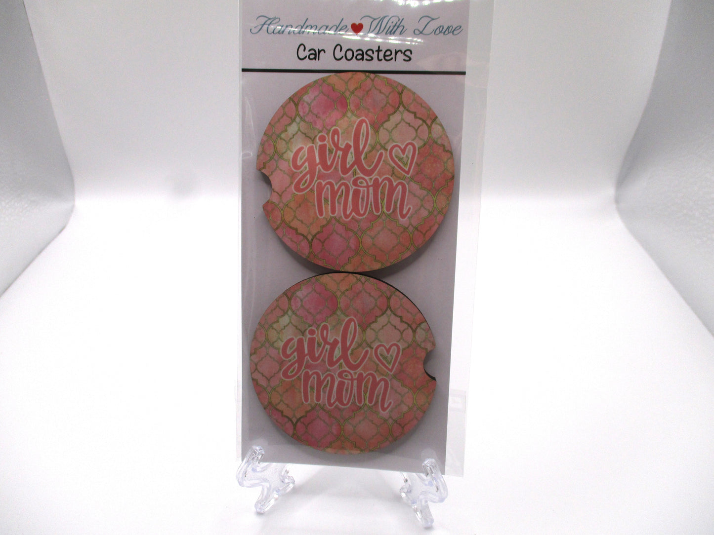2 MDF Car Coasters - Pink Patterned "Girl Mom"
