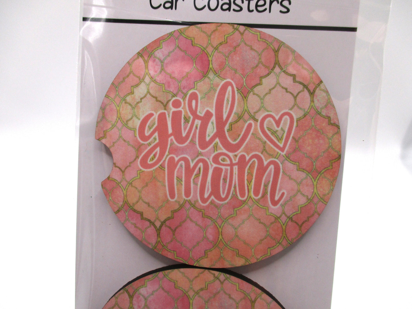 2 MDF Car Coasters - Pink Patterned "Girl Mom"