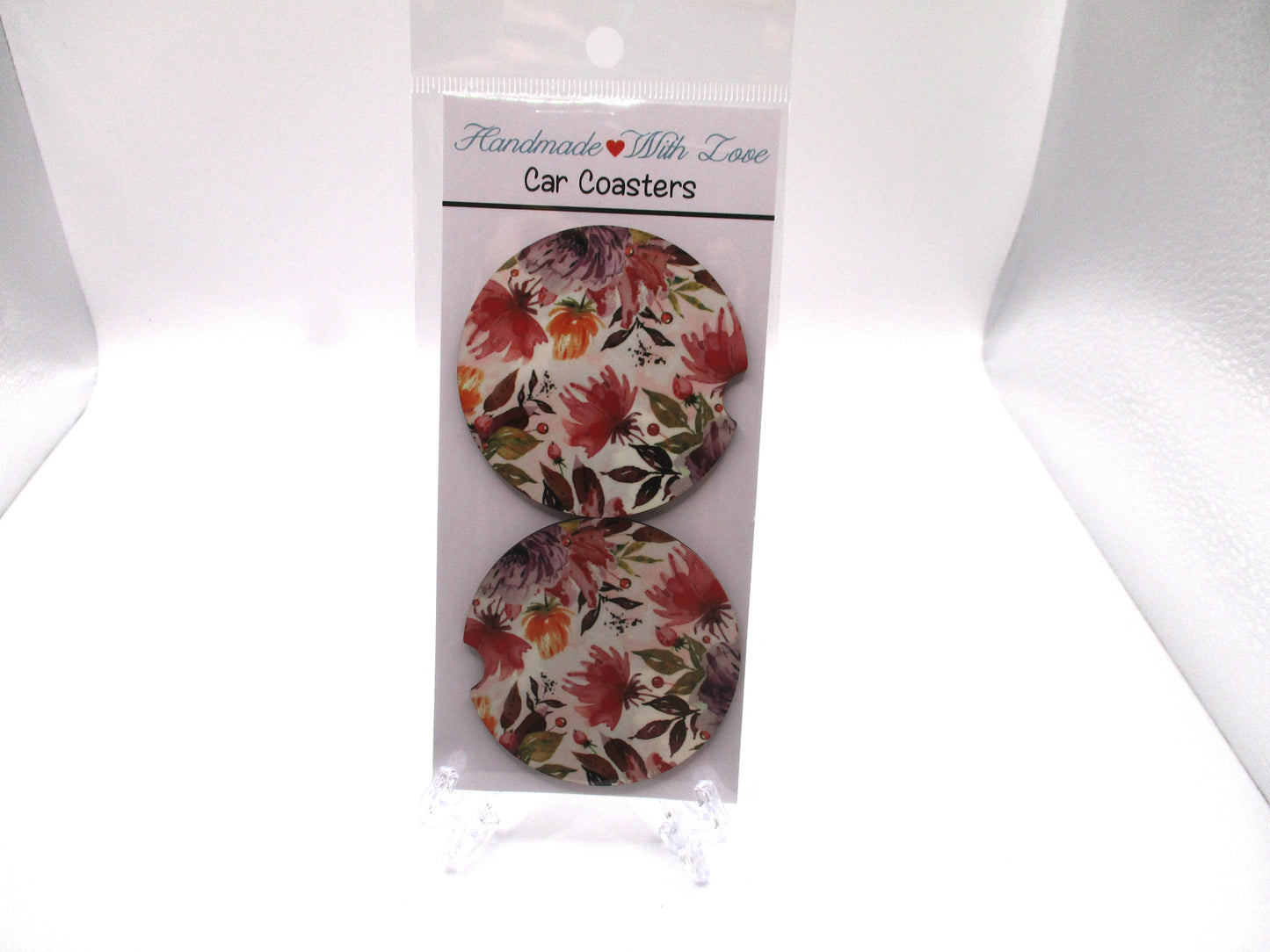 2 MDF Car Coasters - Orange and Pink Flowers