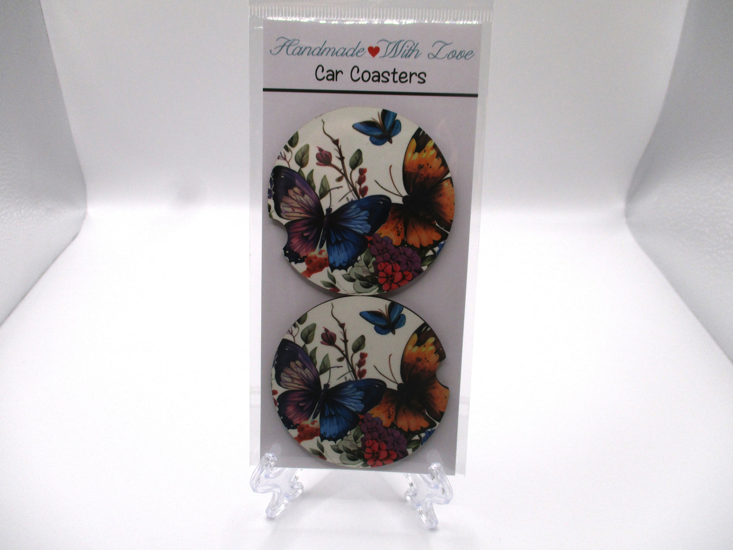 2 MDF Car Coasters - Butterflies and Flowers