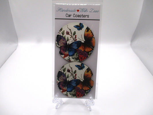 2 MDF Car Coasters - Butterflies and Flowers