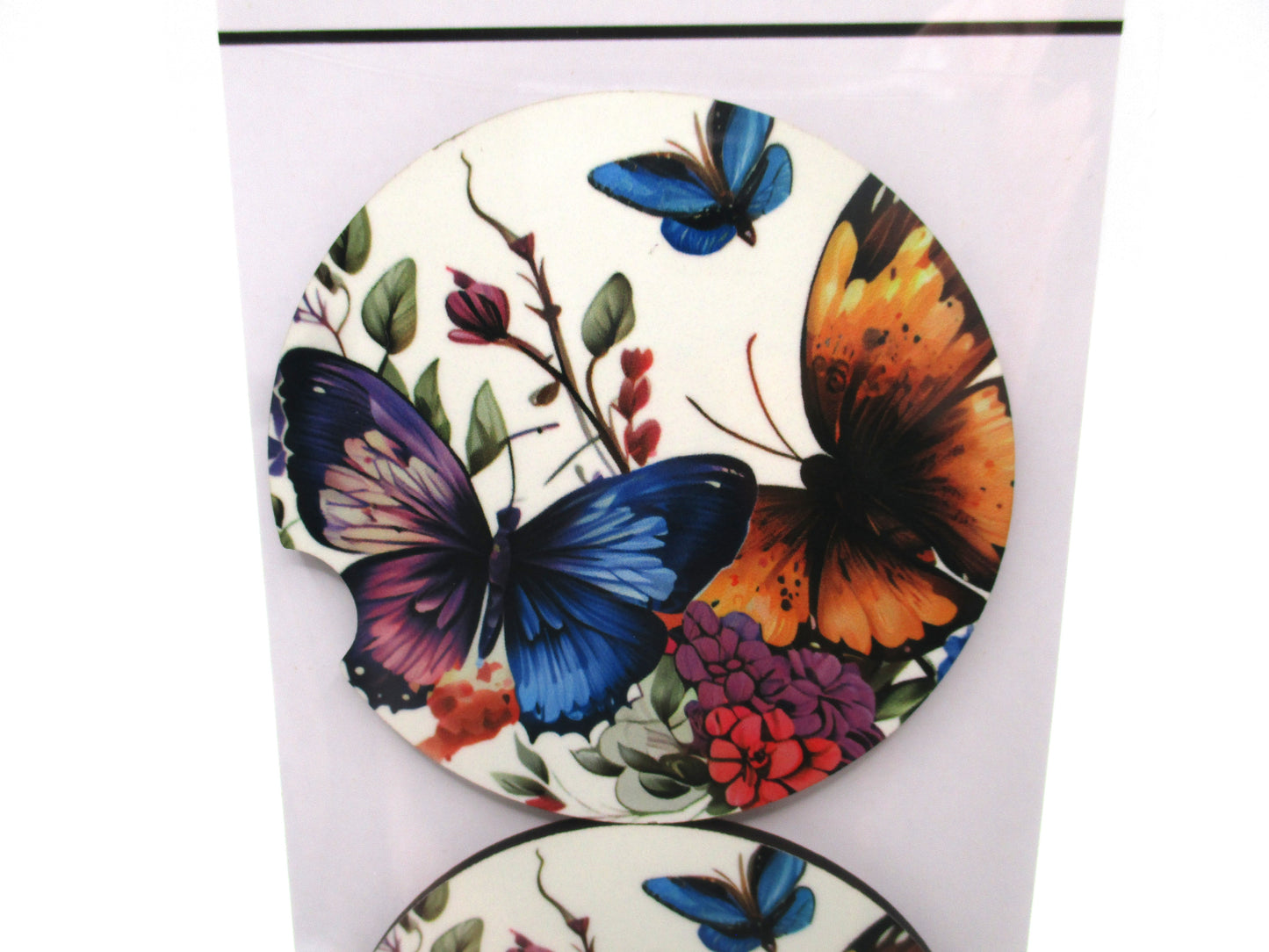 2 MDF Car Coasters - Butterflies and Flowers