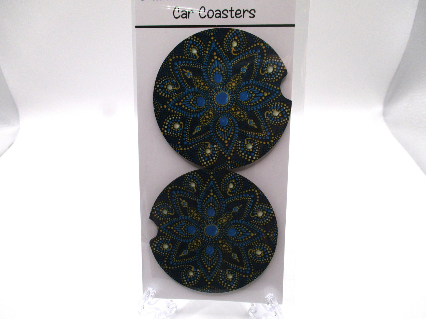 2 MDF Car Coasters - Blue and Gold Mandala