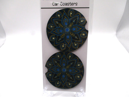 2 MDF Car Coasters - Blue and Gold Mandala