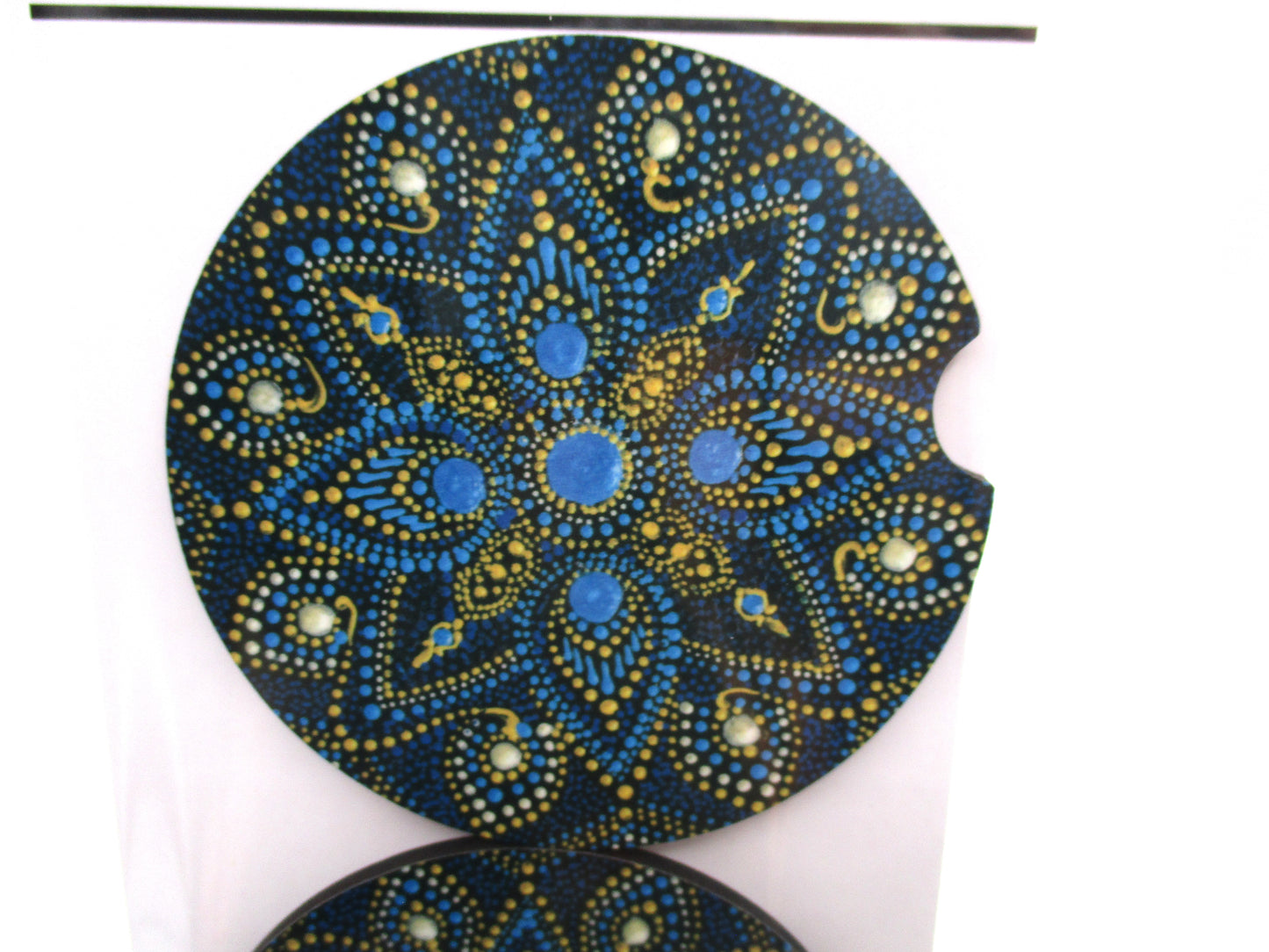 2 MDF Car Coasters - Blue and Gold Mandala