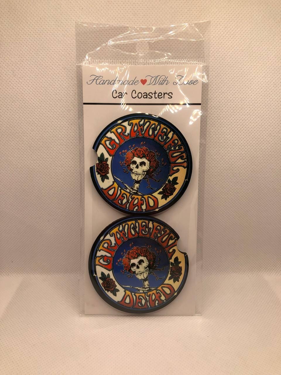 Grateful Dead Inspired MDF Car Coasters/Skull and Roses Sublimation/Handmade Gift for Music Lovers