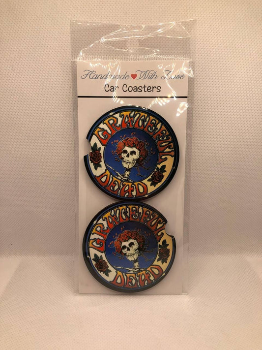 Grateful Dead Inspired MDF Car Coasters/Skull and Roses Sublimation/Handmade Gift for Music Lovers
