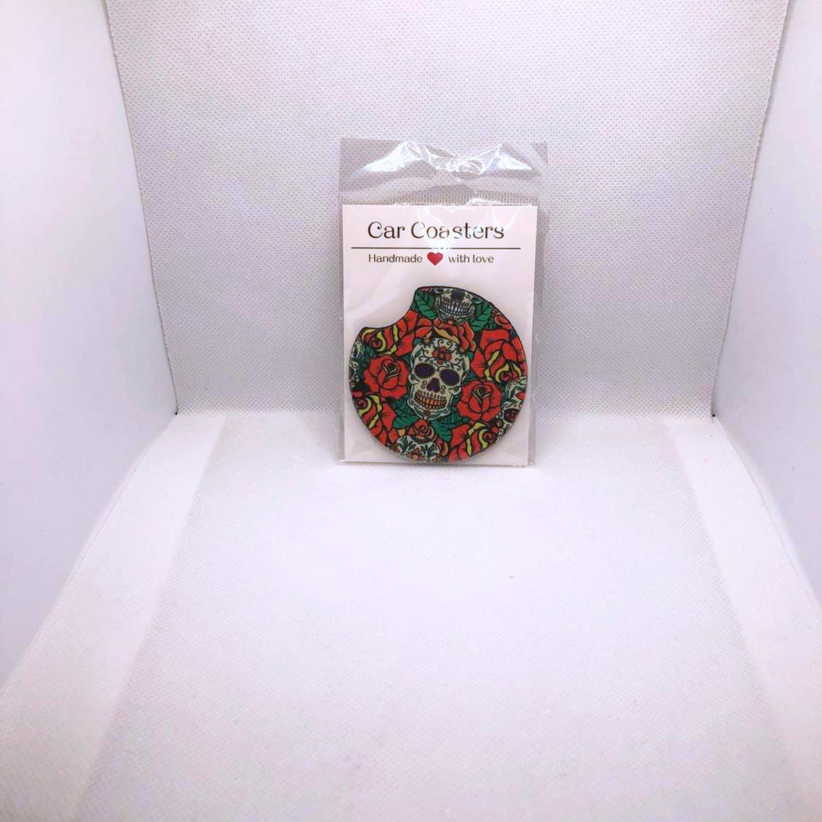 Skull & Roses Car Coasters • Sugar Skull Floral Fabric Neoprene Set • Handmade Gift for Him or Her • Artistic Auto Accessory •