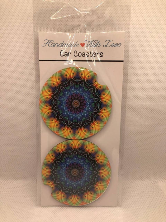 Mandala Car Coasters: Rainbow Kaleidoscope MDF Sublimation Set, Boho Auto Accessory