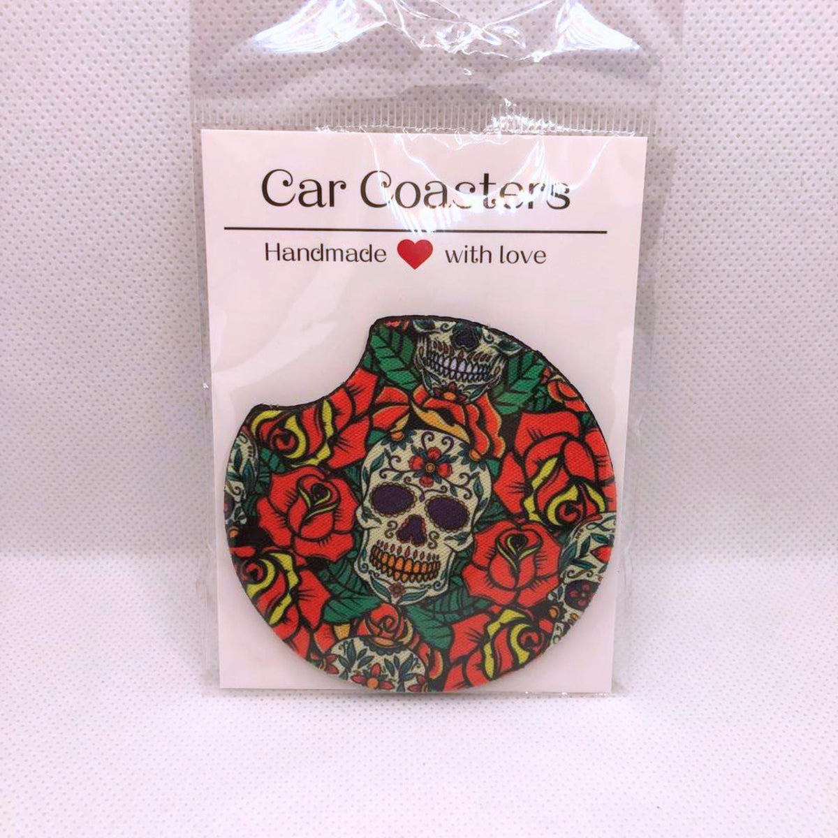 Skull & Roses Car Coasters • Sugar Skull Floral Fabric Neoprene Set • Handmade Gift for Him or Her • Artistic Auto Accessory •