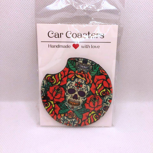 Skull & Roses Car Coasters • Sugar Skull Floral Fabric Neoprene Set • Handmade Gift for Him or Her • Artistic Auto Accessory •