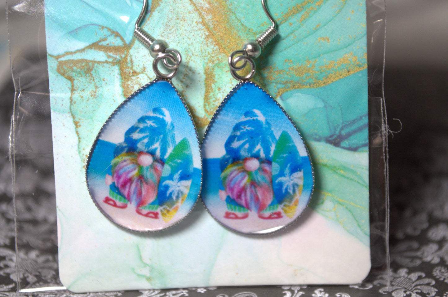 Teardrop Photo Resin Earrings - Beach bum Gnome with beach background