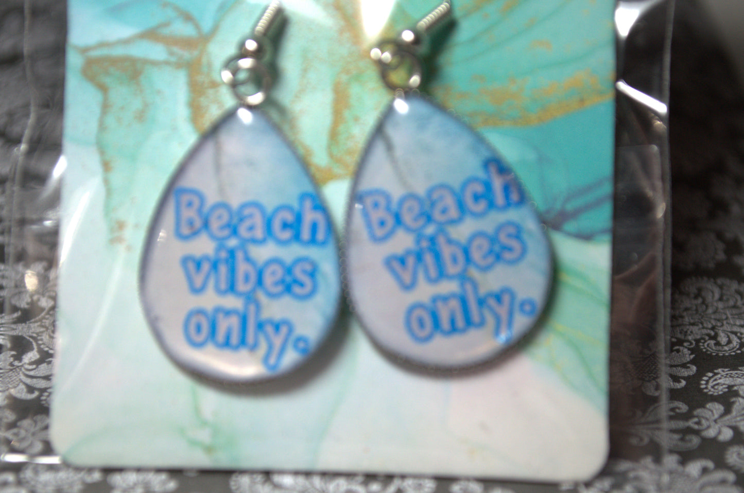 Teardrop Photo Resin Earrings - "Beach vibes only" with beach background