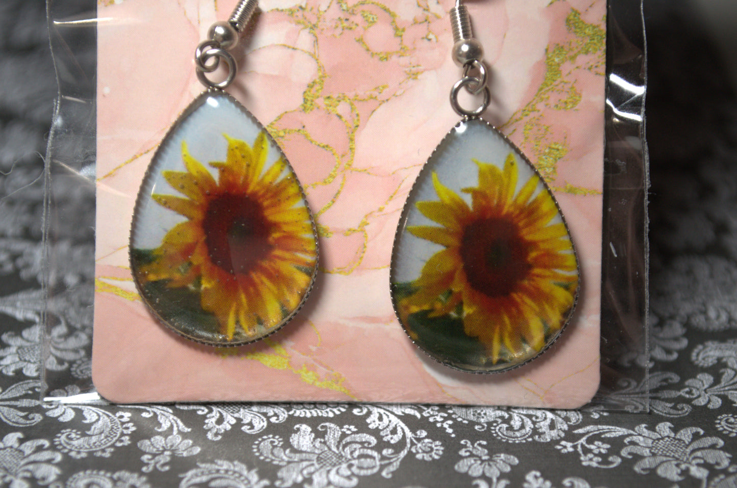 Teardrop Photo Resin Earrings - big sunflower