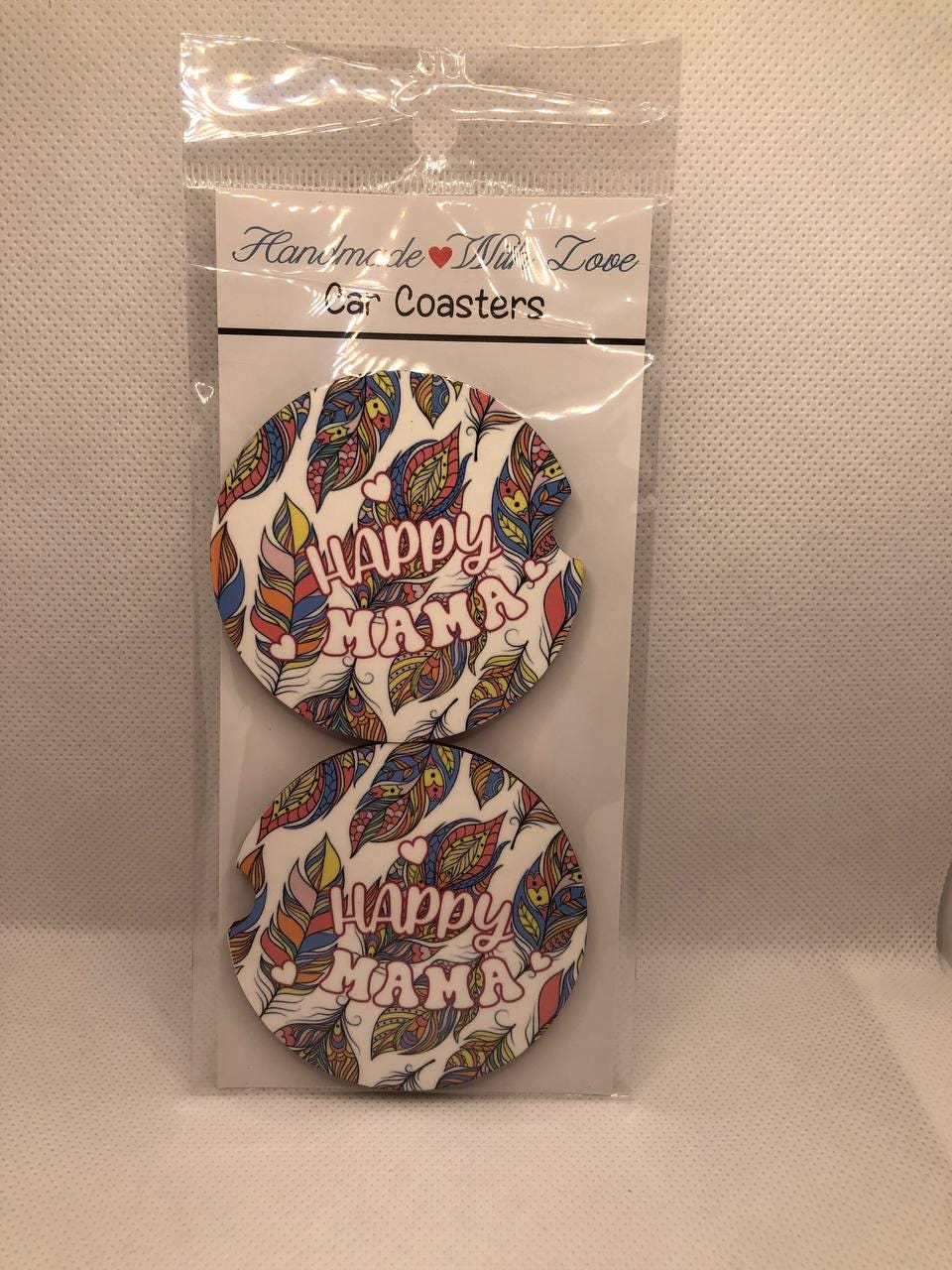 Happy Mama Car Coasters: Feather Print MDF Cup Holder Decor – Boho Style