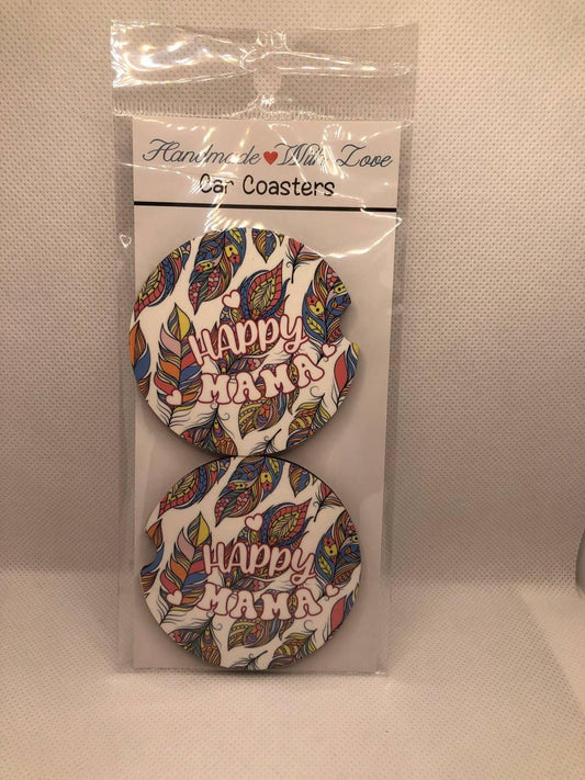 Happy Mama Car Coasters: Feather Print MDF Cup Holder Decor – Boho Style