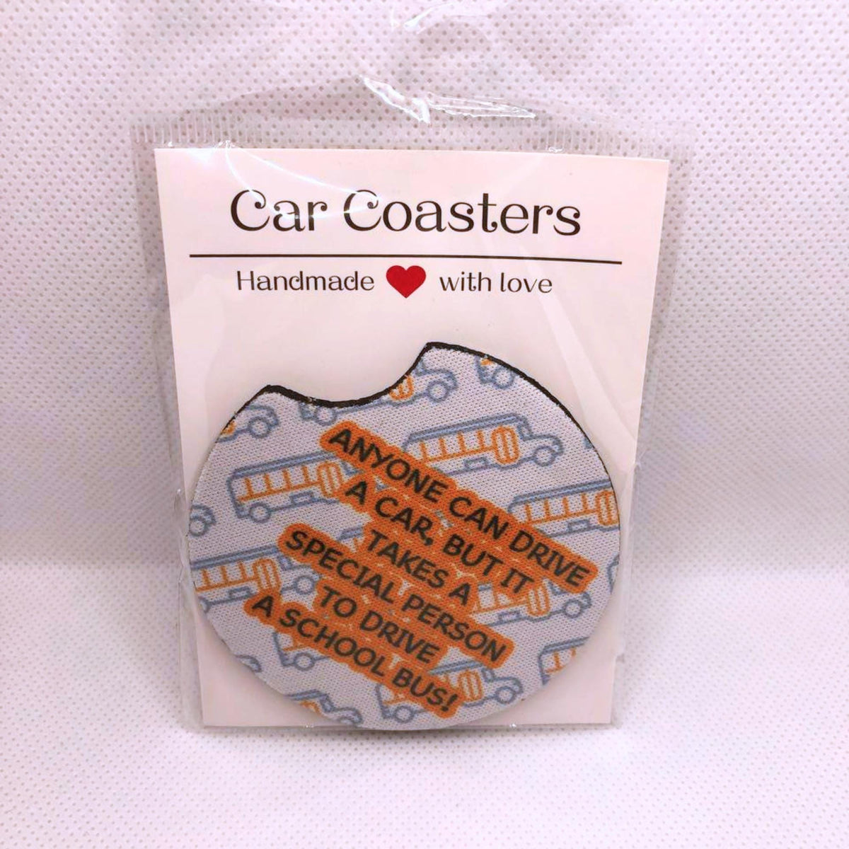School Bus Driver Car Coasters • Appreciation Gift • Handmade Fabric & Neoprene Set • Bus Driver Auto Accessory • Cup Holder Decor