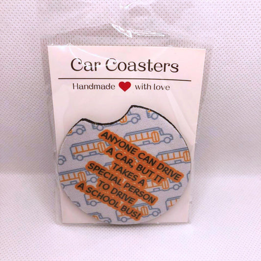 School Bus Driver Car Coasters • Appreciation Gift • Handmade Fabric & Neoprene Set • Bus Driver Auto Accessory • Cup Holder Decor