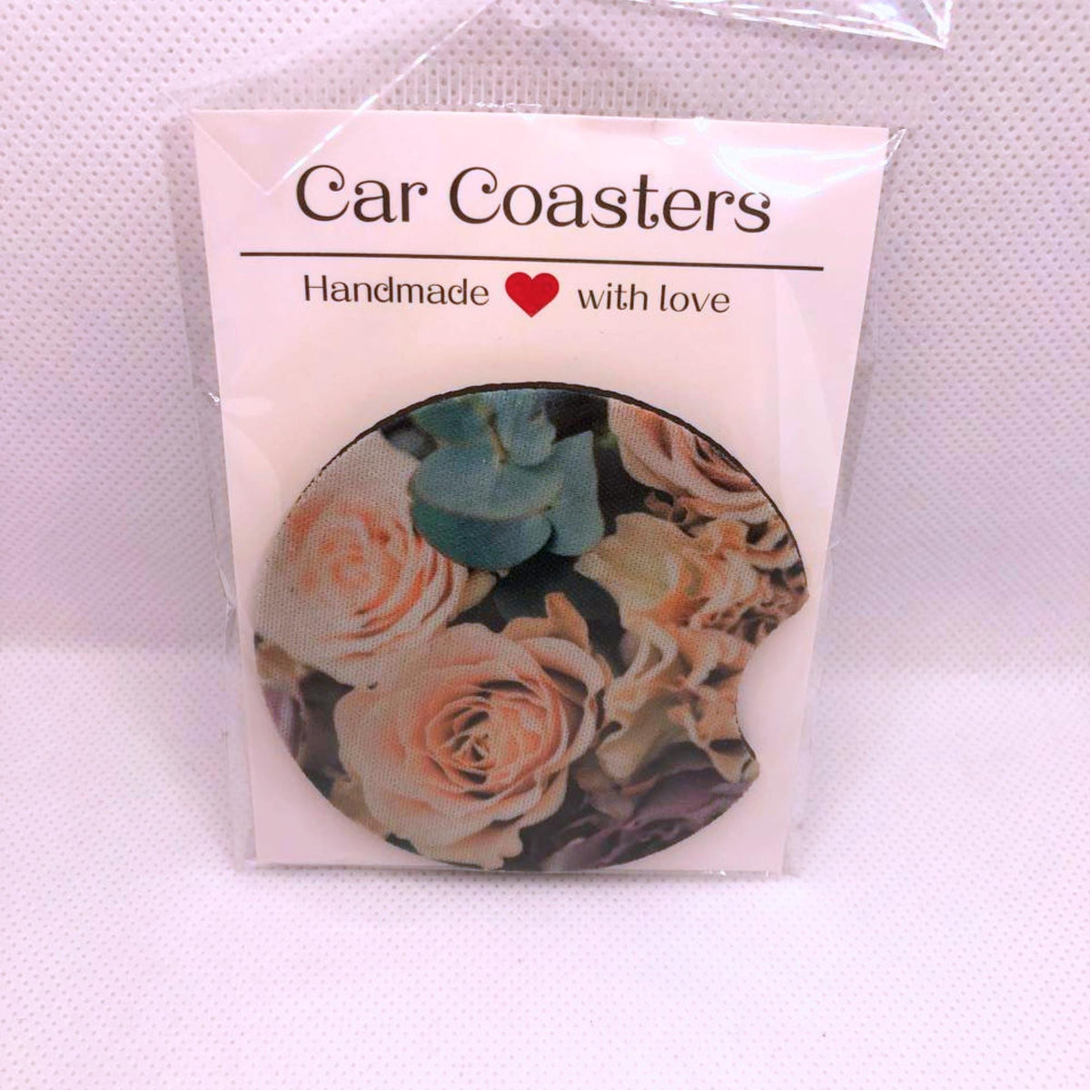 Peach Rose Car Coasters • Floral Fabric & Neoprene Set • Handmade Gift for Her • Botanical Auto Accessory • Cup Holder Decor