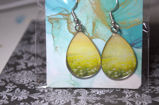 Teardrop Photo Resin Earrings - Field of flowers