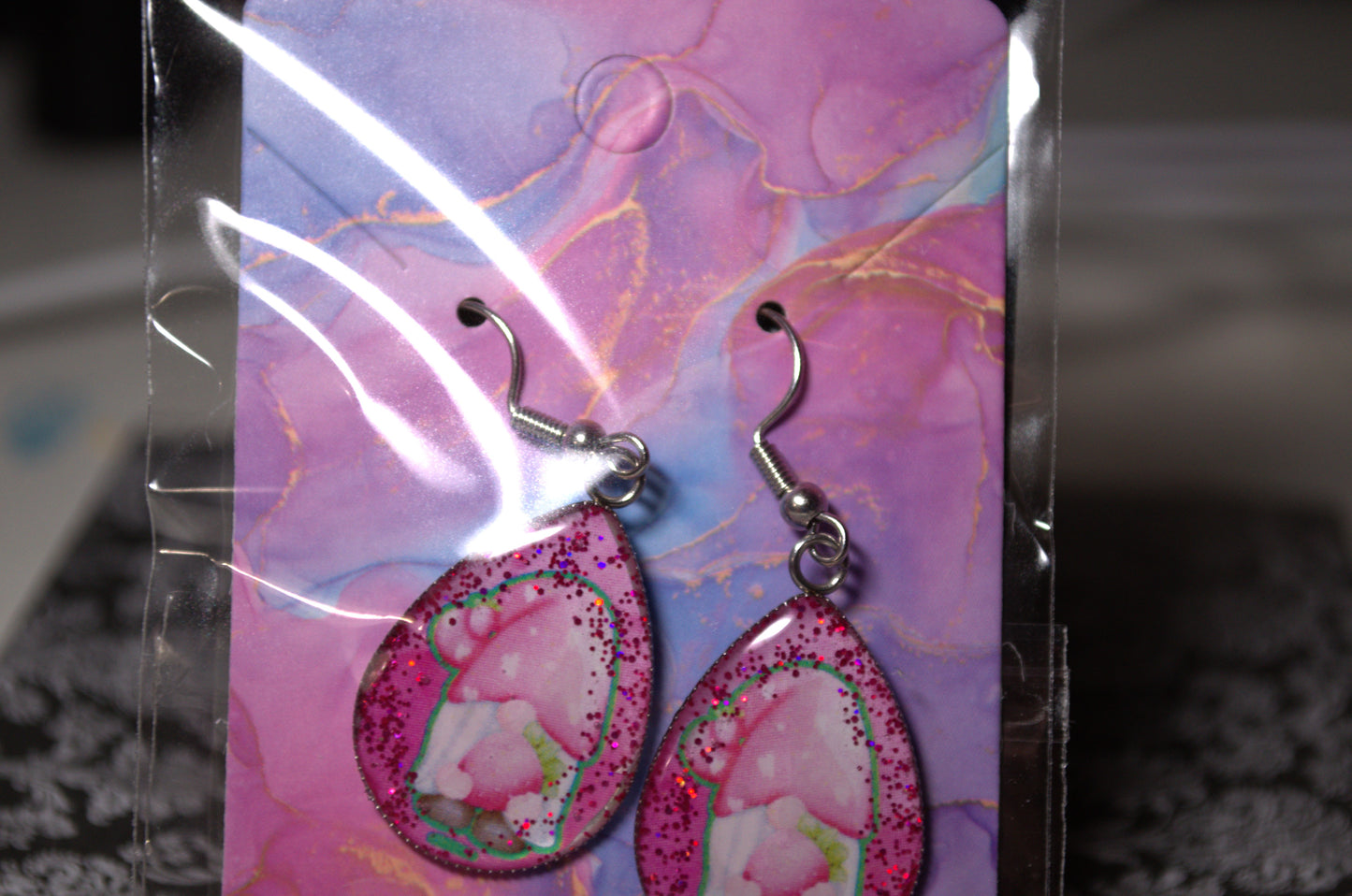 Teardrop Photo Resin Earrings - Pink Gnome with strawberry and glitter