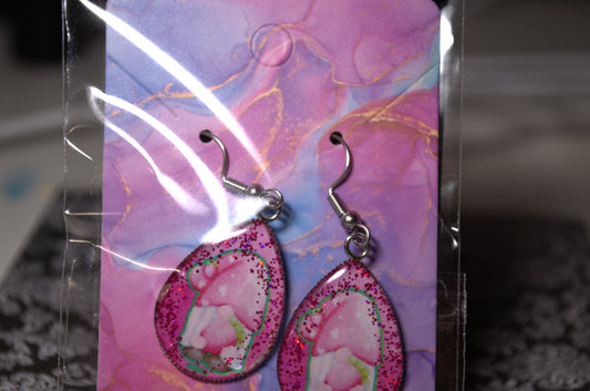 Teardrop Photo Resin Earrings - Pink Gnome with strawberry and glitter
