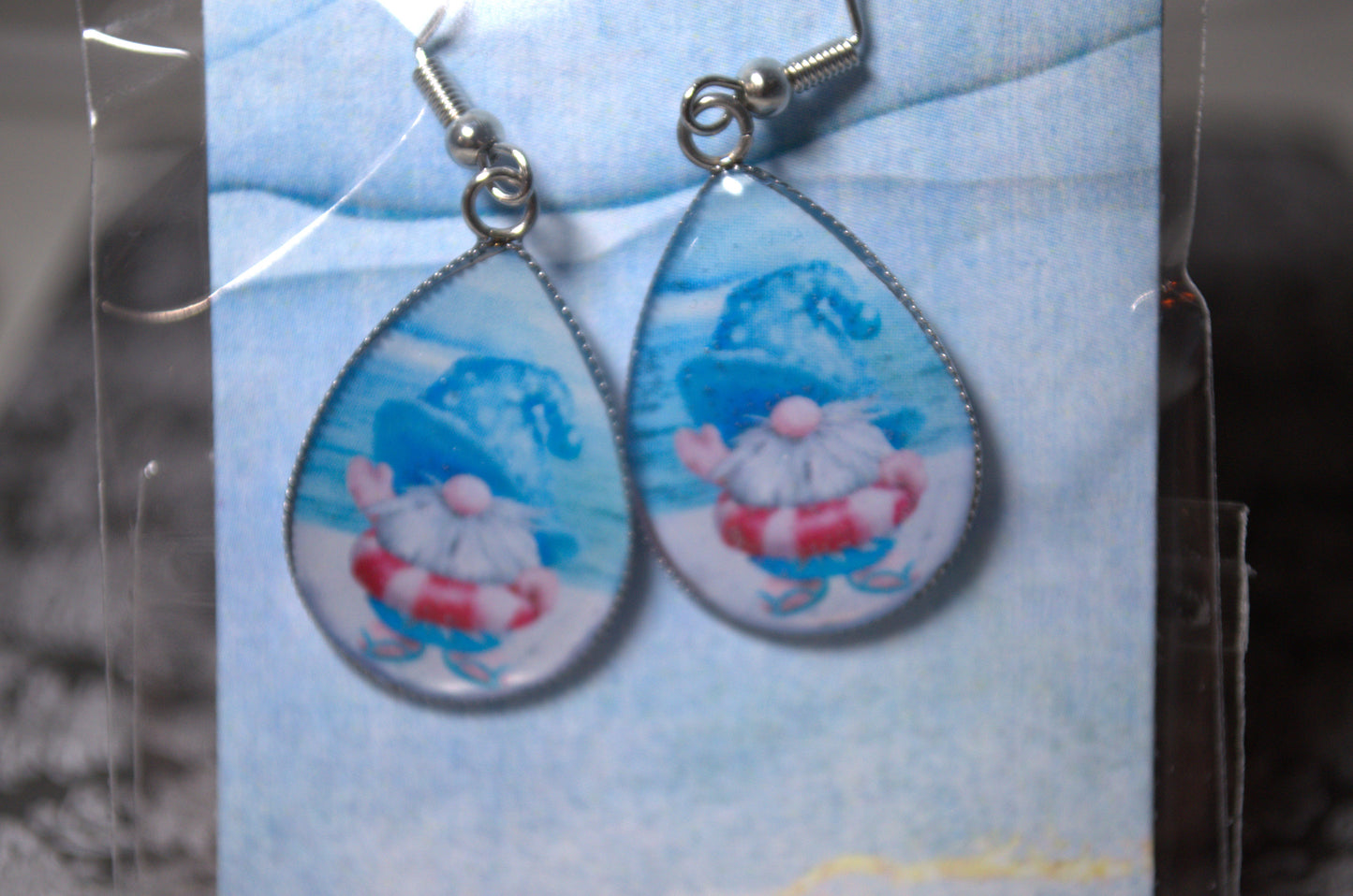 Teardrop Photo Resin Earrings - Beach Gnome with swimming tube
