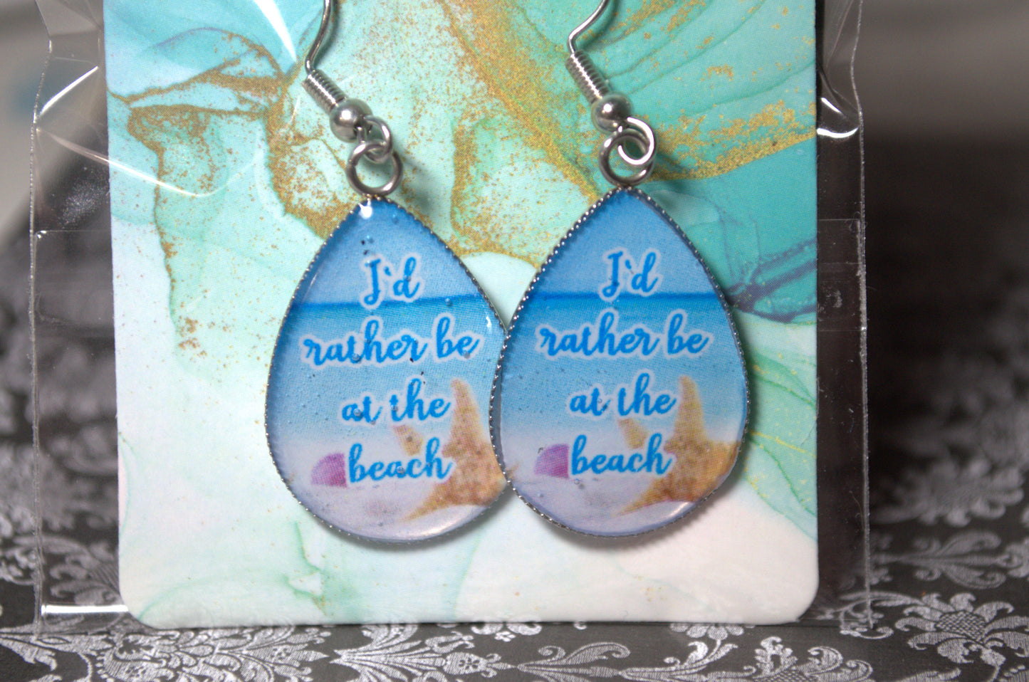 Teardrop Photo Resin Earrings - "I'd rather be at the beach" with beach background