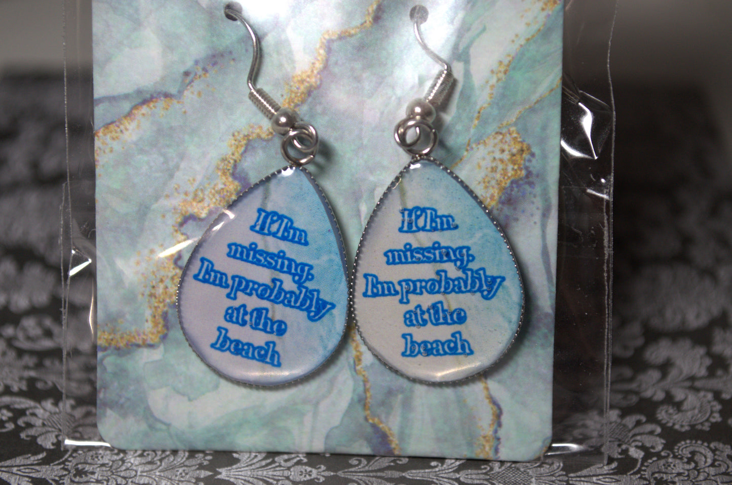 Teardrop Photo Resin Earrings - "If I'm missing I'm probably at the beach with beach background