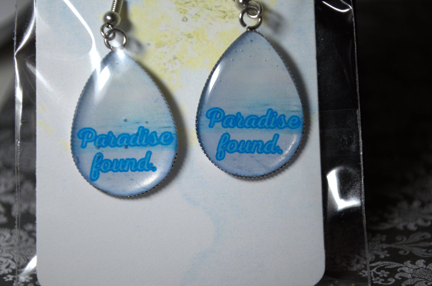 Teardrop Photo Resin Earrings - "Paradise found" with lake background