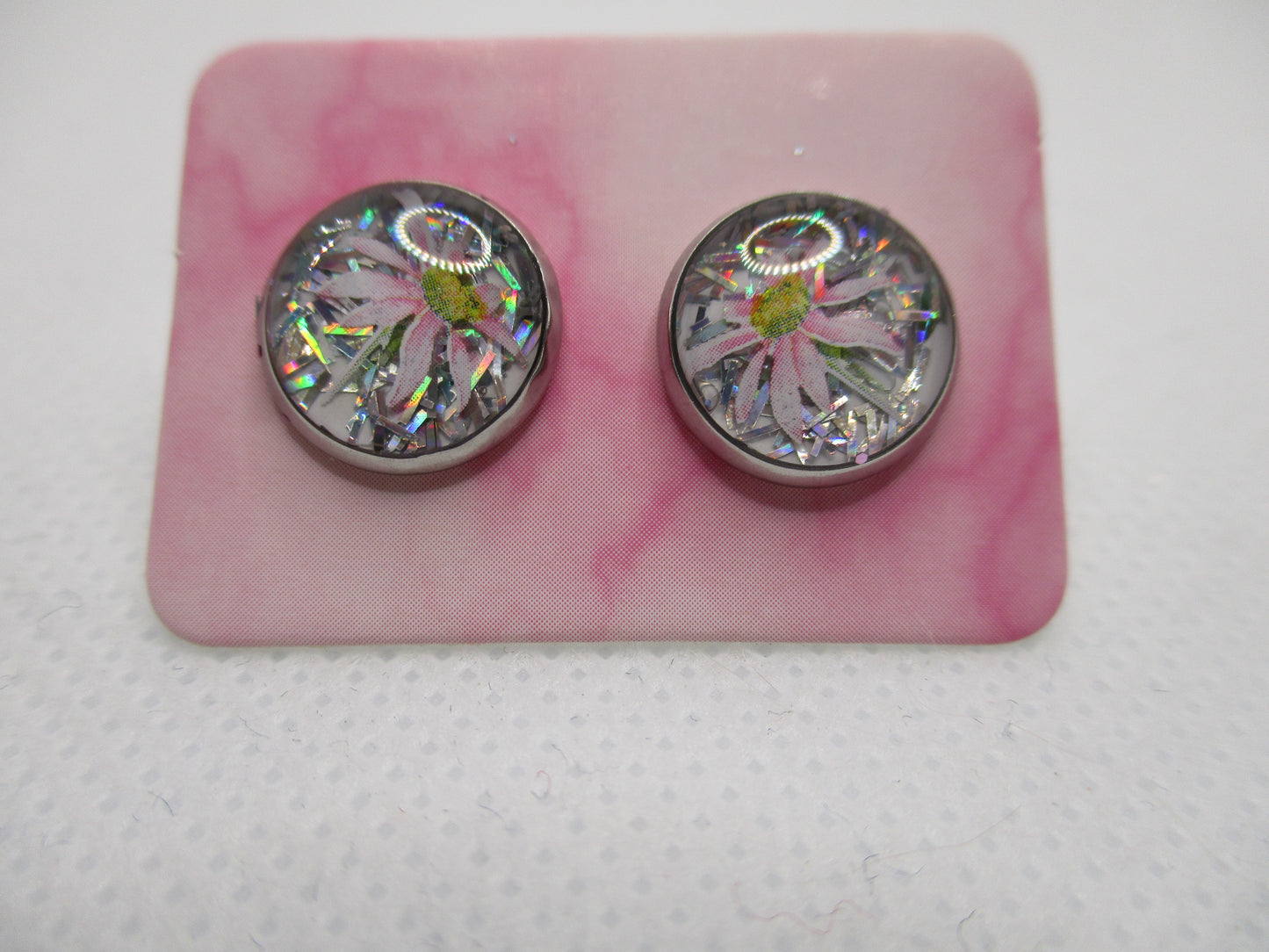 10MM Hypoallergenic Stainless-Steel Small Light Pink Flower With Some Glitter Stud Earrings (Not a real dried flower)