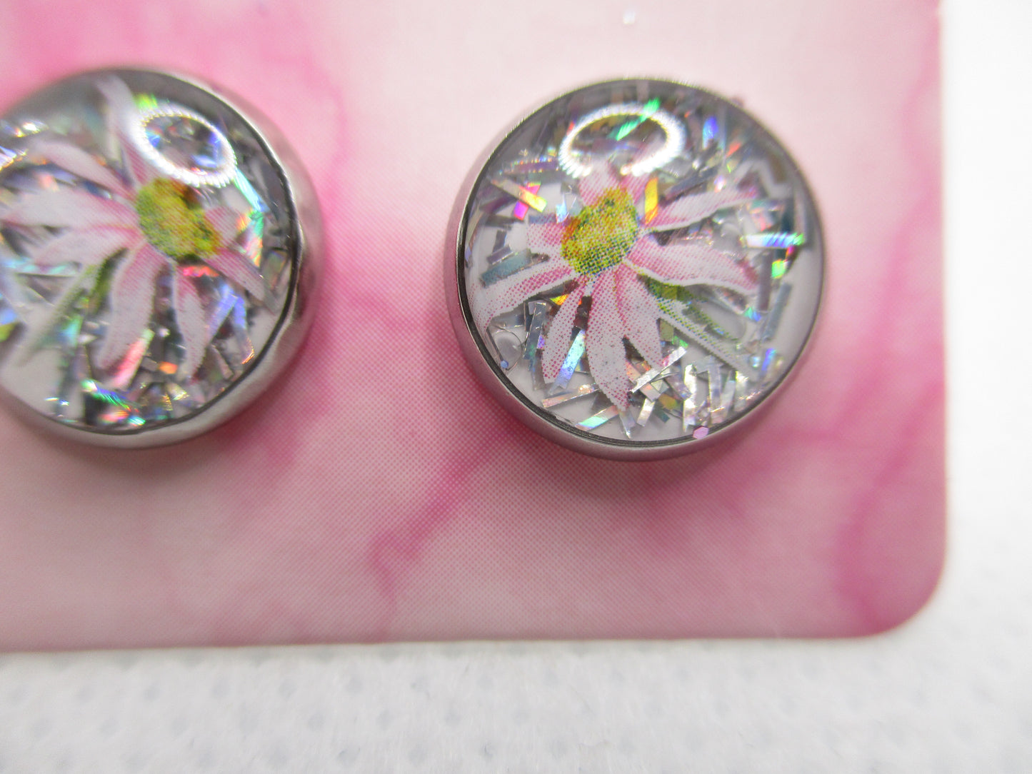 10MM Hypoallergenic Stainless-Steel Small Light Pink Flower With Some Glitter Stud Earrings (Not a real dried flower)