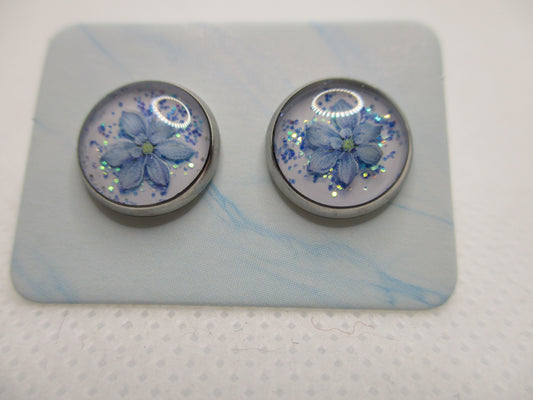 10MM Hypoallergenic Stainless-Steel Small Blue Flower With Some Glitter Stud Earrings (Not a real dried flower)