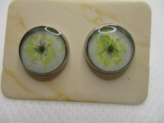 10MM Hypoallergenic Stainless-Steel Small Green Flower With Some Glitter Stud Earrings (Not a real dried flower)