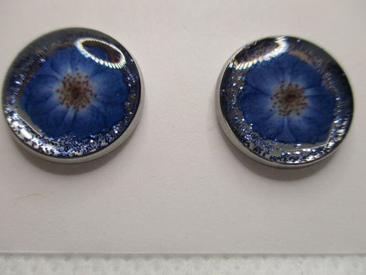 14MM Hypoallergenic Stainless-Steel Small Blue Flower With Some Glitter Stud Earrings (Not a real dried flower)