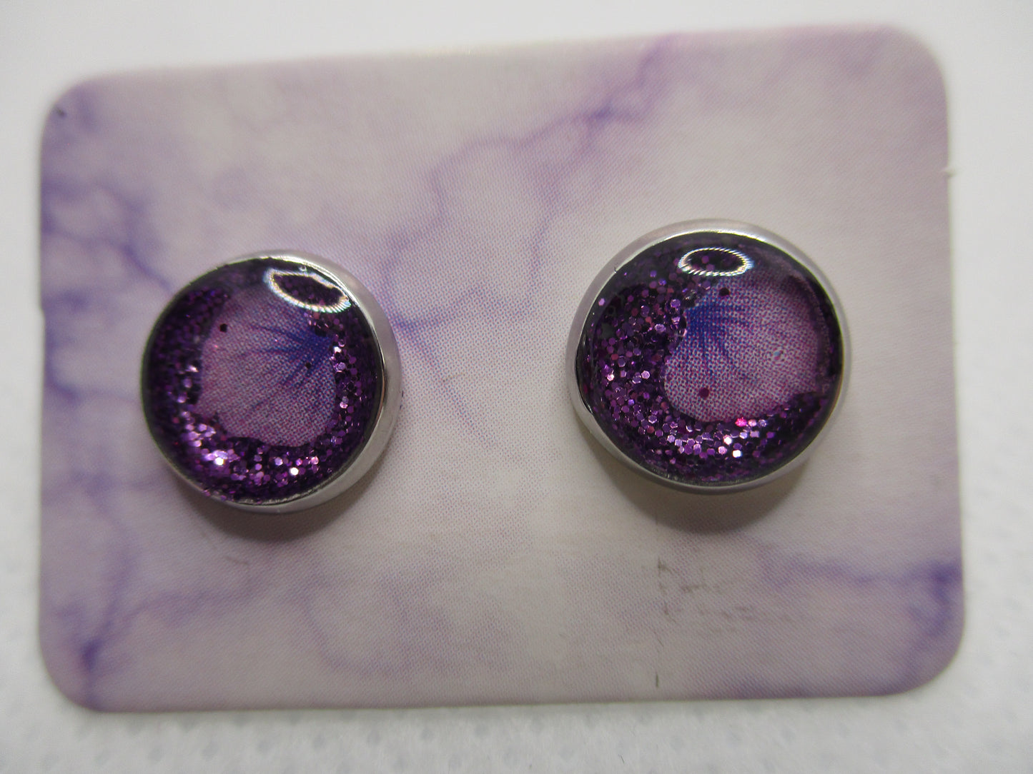 8MM Hypoallergenic Stainless-Steel Small Purple Petal With Some Glitter Stud Earrings (Not a real dried flower)